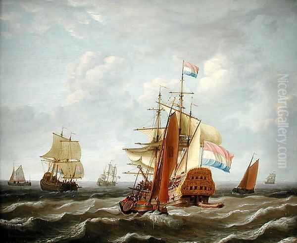 A Dutch Three-Master Amongst other Shipping Oil Painting by Adam Silo