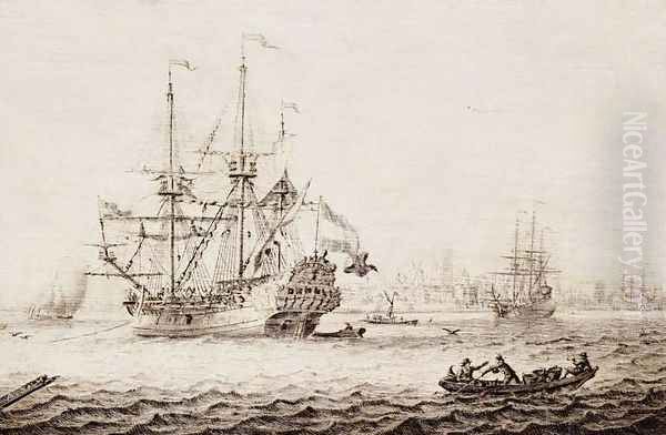 A Frigate at Anchor Oil Painting by Adriaen or Abraham Salm