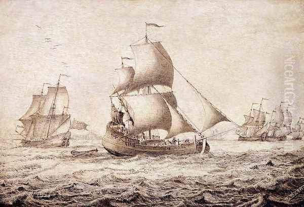 Shipping in an Estuary Oil Painting by Adriaen or Abraham Salm