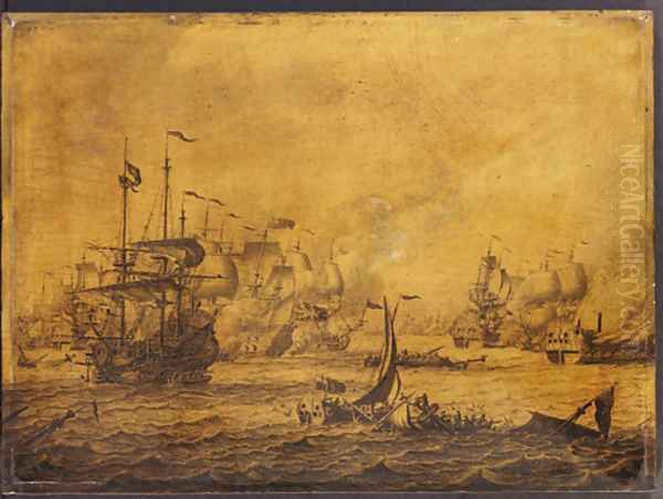 A naval engagement between English and Dutch men-of-war - a penschilderij Oil Painting by Adriaen or Abraham Salm