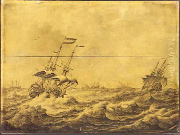 Dutch Galley Frigates and others shipping in choppy seas - a penschilderij Oil Painting by Adriaen or Abraham Salm