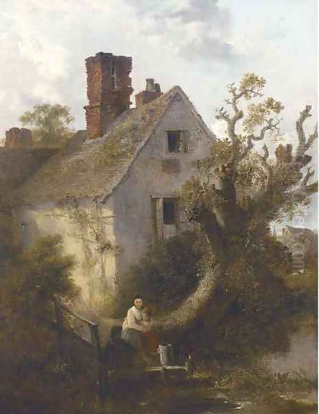 Children before a riverside cottage Oil Painting by Edward Robert Smythe