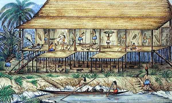 Dyak Longhouse, 1890 Oil Painting by William Samwell