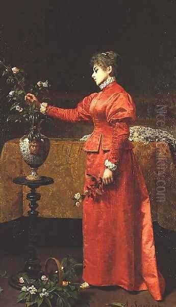 Woman arranging a vase of flowers Oil Painting by Alfonso Savini