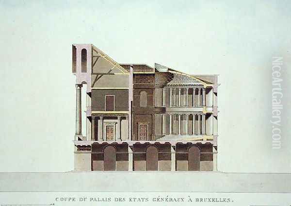 Cross Section of the Palais des Etats Generaux, Brussels, from Choix des Monuments, Edifices et Maisons les plus remarquables du Royaume des Pays-Bas by Pierre Jacques Goetghebuer, published 1827 2 Oil Painting by Charles Vander Straeten