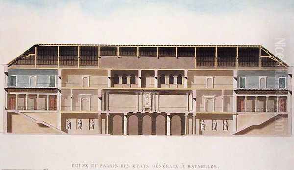 Cross Section of the Palais des Etats Generaux, Brussels, from Choix des Monuments, Edifices et Maisons les plus remarquables du Royaume des Pays-Bas by Pierre Jacques Goetghebuer, published 1827 Oil Painting by Charles Vander Straeten