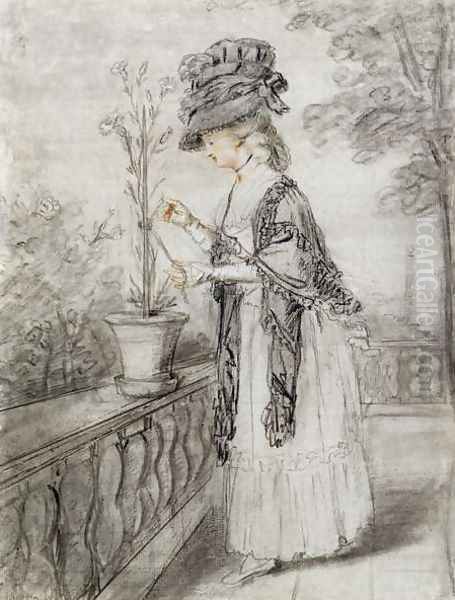 Lady on a Terrace Tending a Carnation Plant Oil Painting by John Raphael Smith