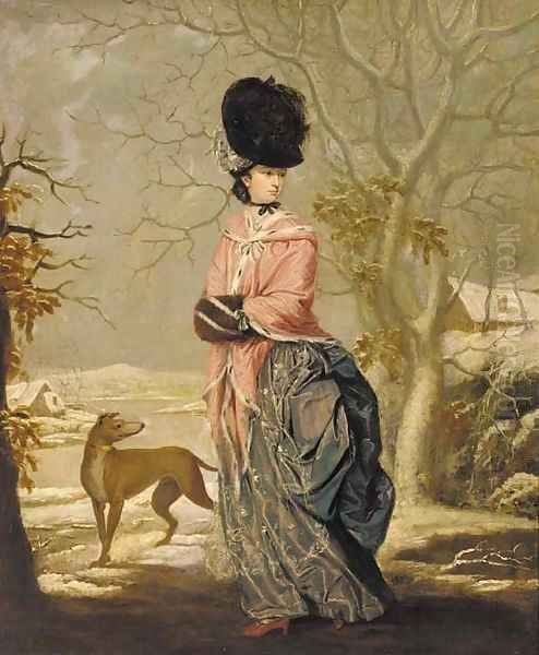 Winter, Portrait of a lady, full-length, in a blue dress with pink wrap and black hat, in a landscape with a dog Oil Painting by John Raphael Smith