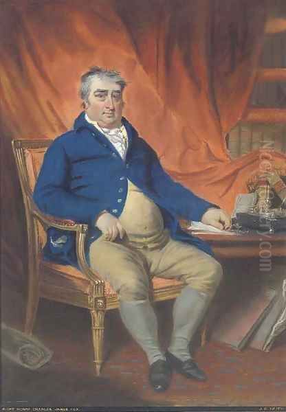 Portrait of the Right Honorable Charles James Fox, M.P. (1749-1806), seated in his study, in a blue coat and mustard waistcoat and britches Oil Painting by John Raphael Smith