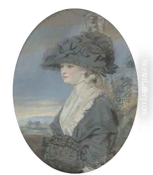 Portrait of a Lady, traditionally identified as the artist's wife, half-length, in a black dress and large hat Oil Painting by John Raphael Smith