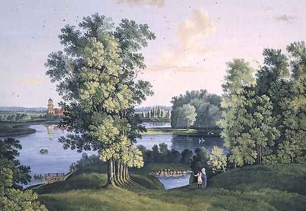 View of the island from the large lake in the park at Tsarskoye Selo, 1777 Oil Painting by Semen Fedorovich Shchedrin