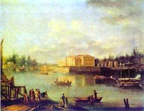 View On The Kamennoostrov Palace Through Bolshaya Nevka From The Stroganov Seashore 1803 Oil Painting by Semen Fedorovich Shchedrin