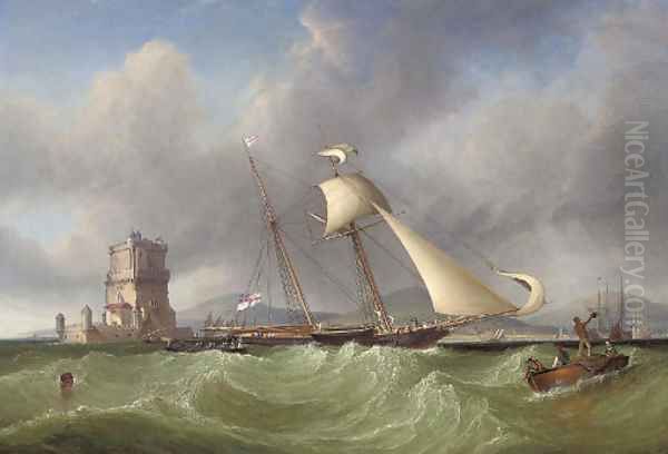 Lord Belfast's yacht Emily hove-to for her owner to come aboard, off the Belem Tower, at the mouth of the Tagus, Lisbon Oil Painting by John Christian Schetky