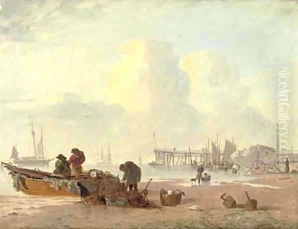 A coastal scene with fisherfolk in the foreground Oil Painting by Alfred Stannard