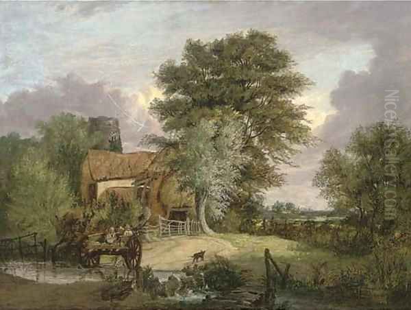 A wooded landscape with figures in a cart crossing a ford, a cottage and ruined tower beyond Oil Painting by Alfred Stannard