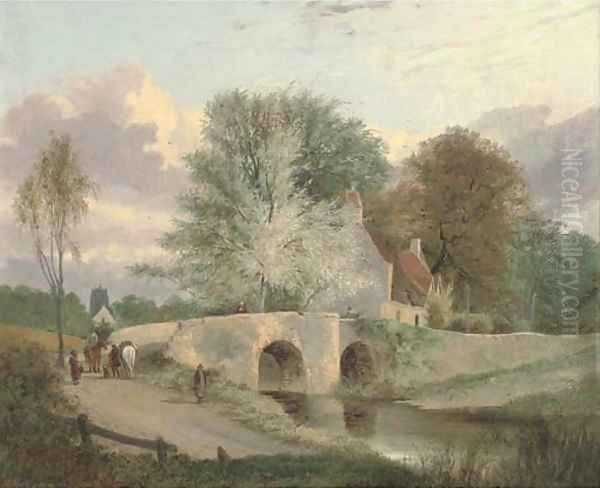 Figures on a bridge with a cottage beyond Oil Painting by Alfred Stannard