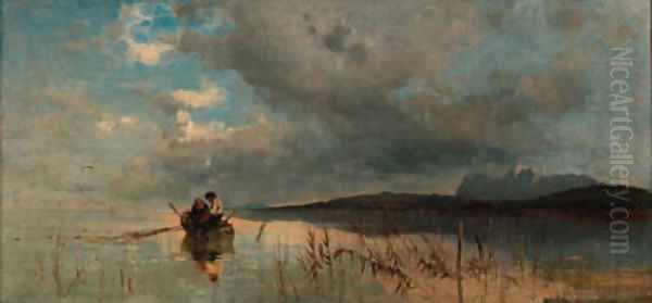 Two boys fishing in a lake landscape Oil Painting by Robert Schleich