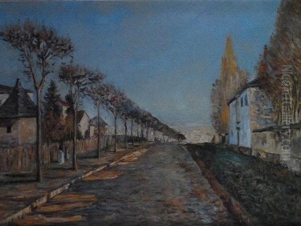 A French Poplar Lined Street Oil Painting by Alfred Sisley