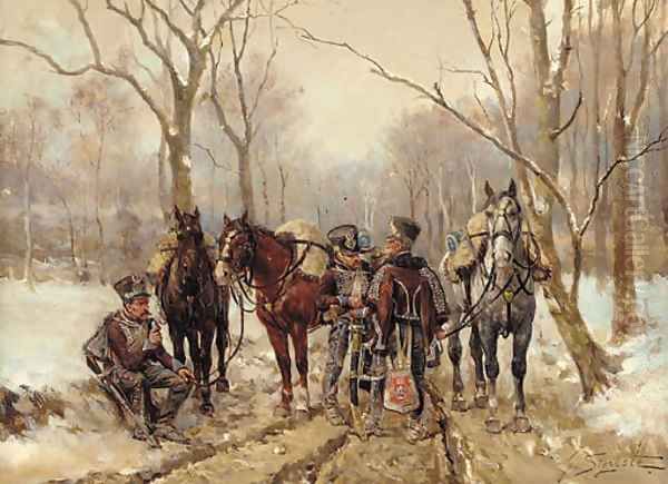 French hussars in a winter landscape Oil Painting by Guido Sigriste