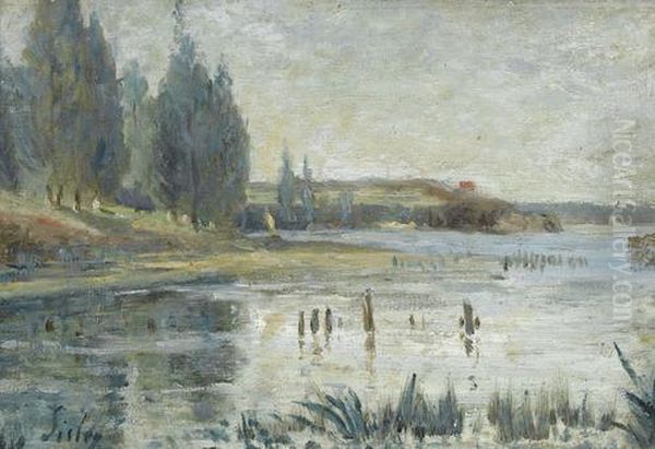 Flussuferpartie Mit Pappeln Oil Painting by Alfred Sisley