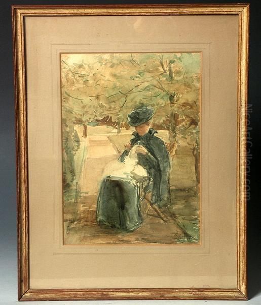 A Lady Seated And Sewing In A Garden Setting Oil Painting by Alfred Sisley