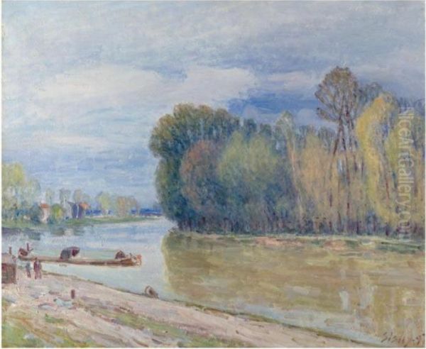 Le Canal Du Loing Au Printemps - Le Matin Oil Painting by Alfred Sisley