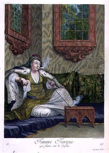 Turkish woman, smoking on the sofa, 18th century Oil Painting by Gerard Jean Baptiste Scotin