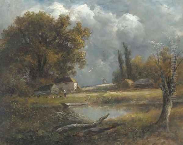 A figure feeding the chickens by a pond in a wooded landscape Oil Painting by English School