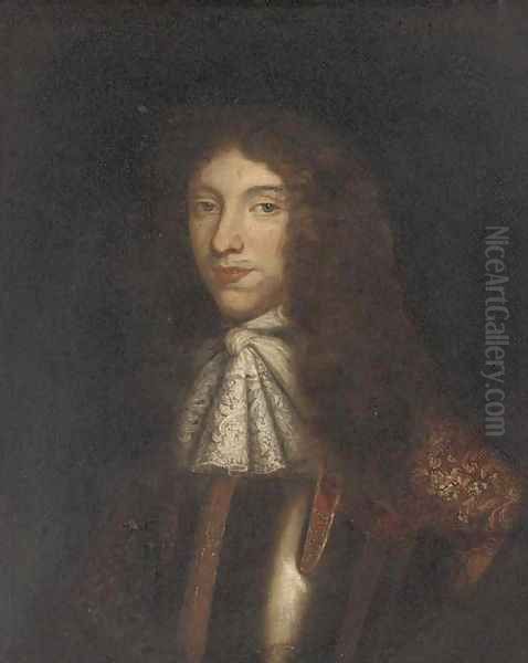 Portrait of William Ffarington, bust-length, in a lace jabot and armour, feigned oval Oil Painting by English School