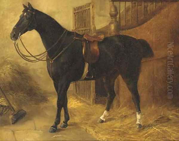 A black hunter in a stable Oil Painting by English School