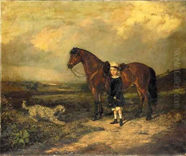 A Girl with her Favourite Pony and Dog in a landscape Oil Painting by English School