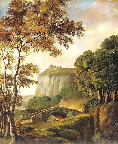 A bridge before a castle on a hilltop Oil Painting by English School