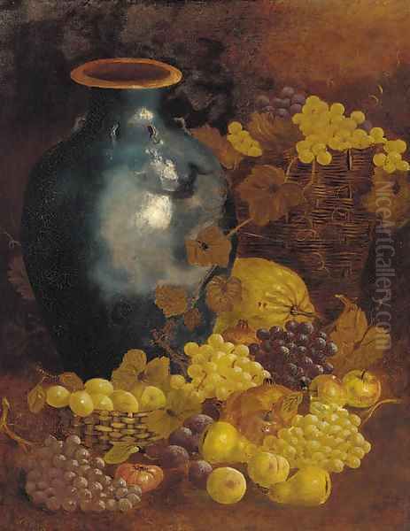 An earthenware vase, grapes on the vine in a basket and apples and pears Oil Painting by English School