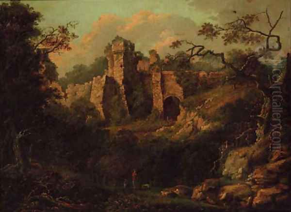 A ruined castle in a wooded landscape, figures in the foreground Oil Painting by English School