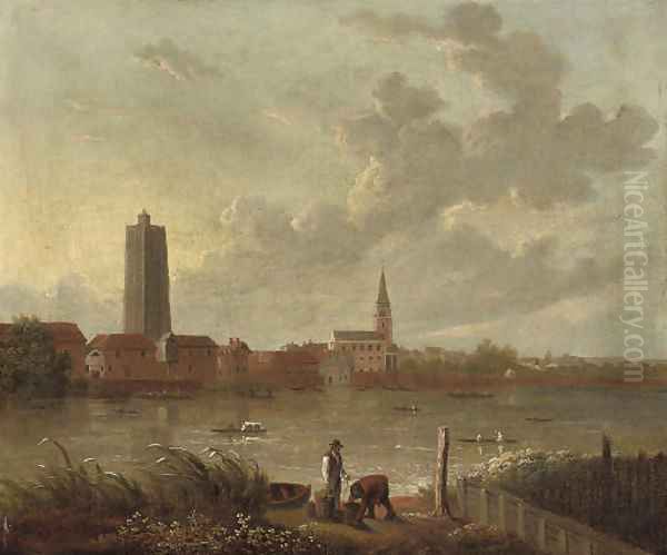 A view on the Thames at Battersea Reach, with Battersea mill and St. Mary's Church to the right Oil Painting by English School