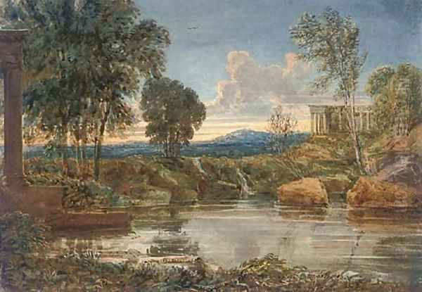 Classical ruins by a lake in an extensive landscape by English School