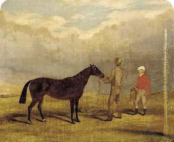 A brown racehorse with jockey and groom Oil Painting by English School