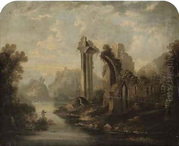 A figure fishing by some classical ruins Oil Painting by English School