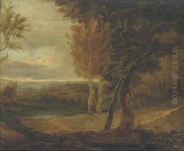 An extensive landscape with a lake, and a manor in the distance Oil Painting by English School