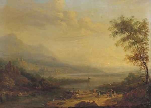 Figures unloading barges in capriccio landscapes Oil Painting by English School