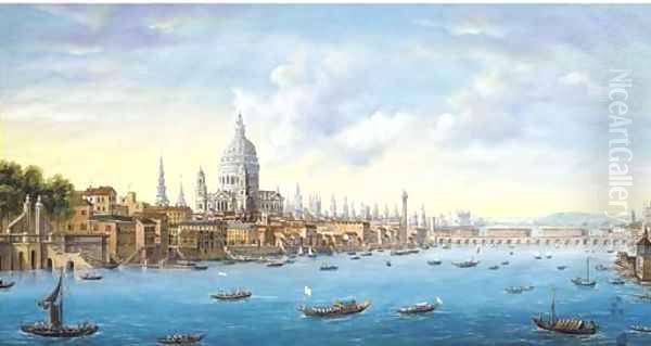 Panoramic view of London and the Thames with Somerset House, St. Paul's Cathedral, the Tower of London and old Blackfriars bridge Oil Painting by English School