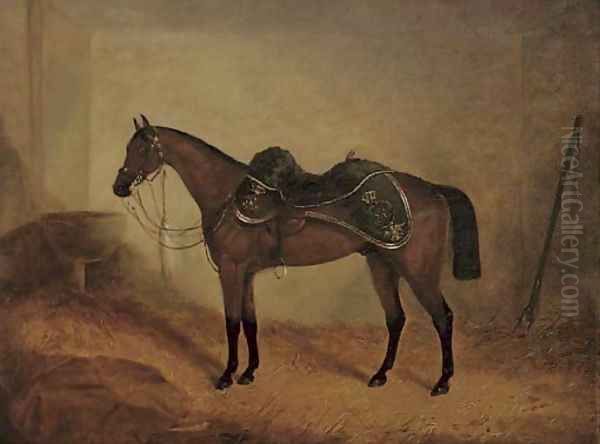 Prince A dark bay charger, in his stable Oil Painting by English School