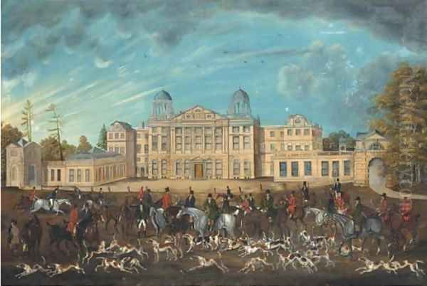 The meet of the Duke of Beaufort's hounds at Badminton Oil Painting by English School