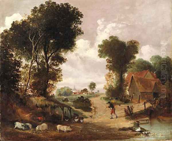 A busy farmyard Oil Painting by English School