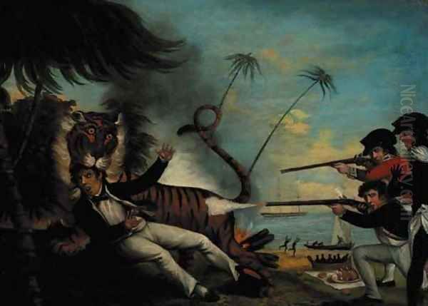 A tiger attacking a sailor on a tropical island Oil Painting by English School