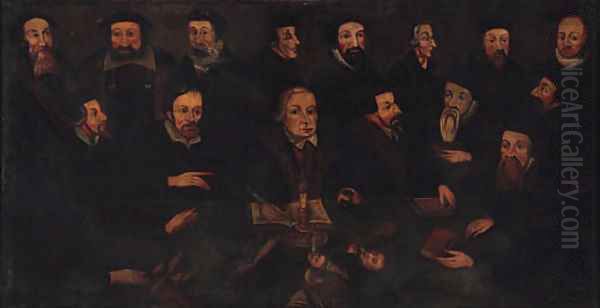 Allegory with Martin Luther surrounded by Beza, Calvin, Melanchton and other Protestant Leaders, gathered round a Table Oil Painting by English School