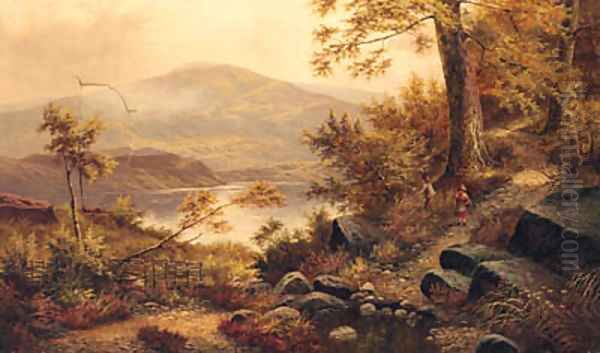 Children On A Wooded Path In A Mountainous Lake Landscape Oil Painting by English School