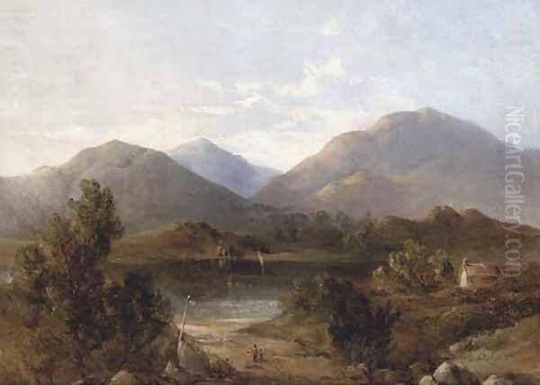 Figures before a lake in a mountainous landscape Oil Painting by English School