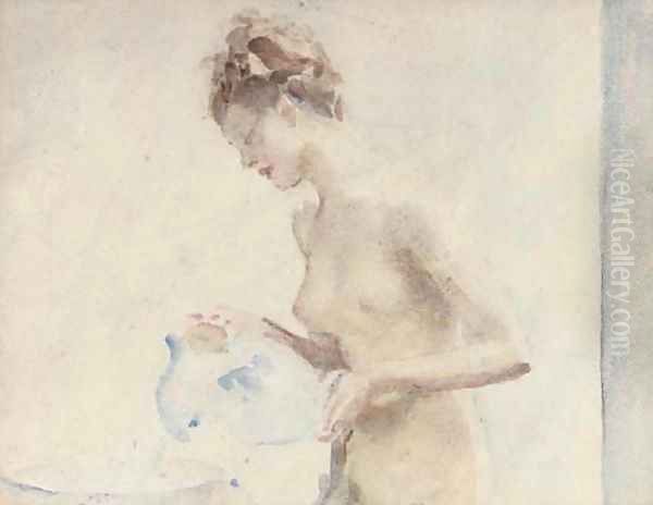 Filling up the bath, a female nude Oil Painting by English School