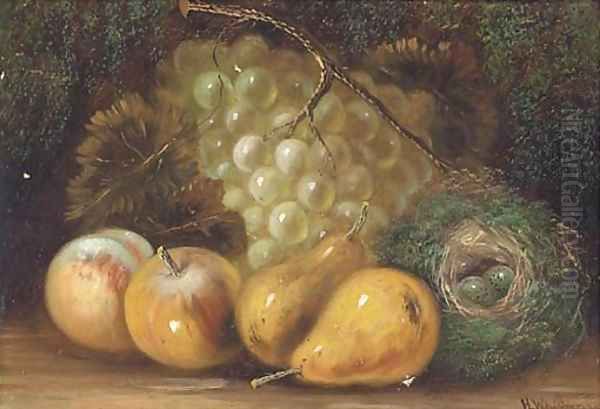 Grapes, apples, pears and a bird's nest on a mossy back; and Another similar Oil Painting by English School